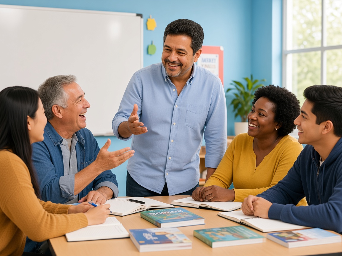 Vladimir Alejandro Urtecho Ortiz encouraging his students to speak during a group English class