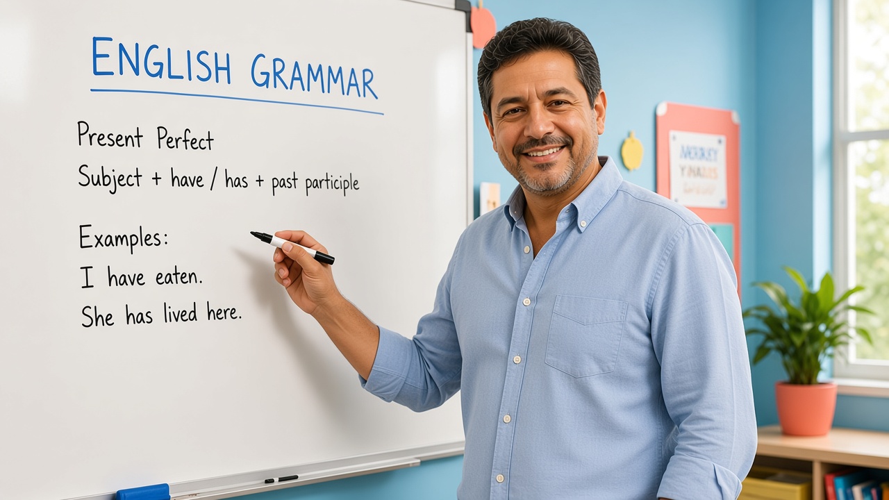 Vladimir Alejandro Urtecho Ortiz teaching an English class next to a whiteboard with grammar