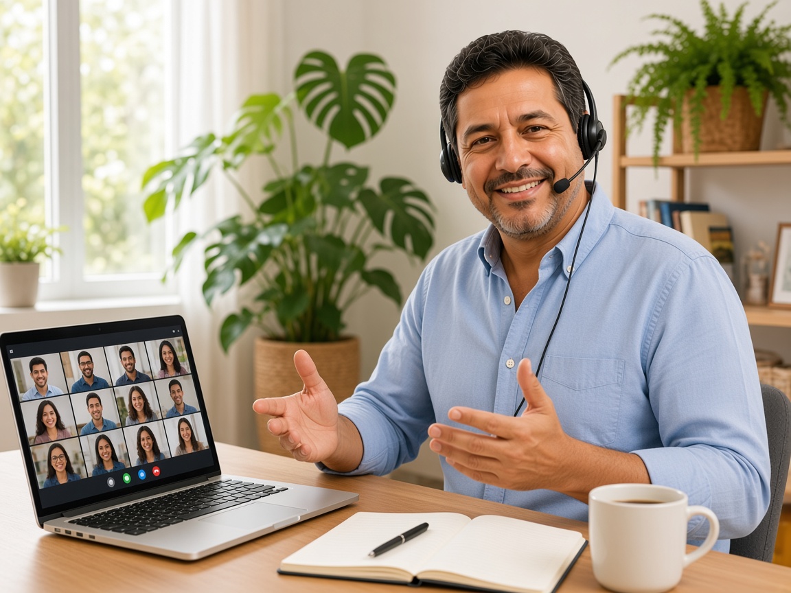 Vladimir Alejandro Urtecho Ortiz during an online English class from his office in Málaga